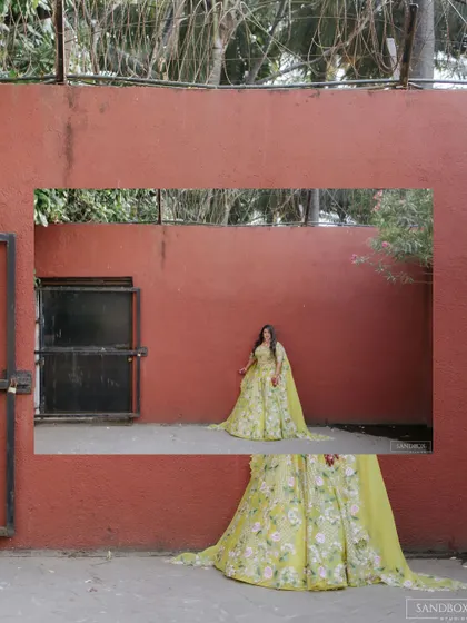 A series of artistic and candid shots of the bride and groom, showcasing their outfits and the beautiful outdoor venue.