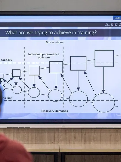 A look at an online presentation during the UKSCA conference. We leverage technology to bring in global experts like Professor Anthony Turner, who shared insights on stress, recovery, and performance optimization.