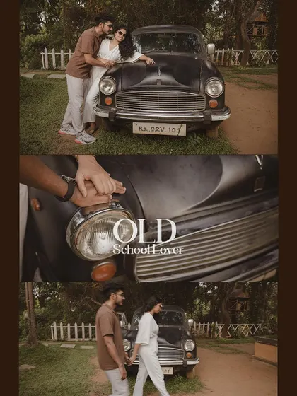 A collage celebrating "Old School Love" with a vintage Ambassador car.