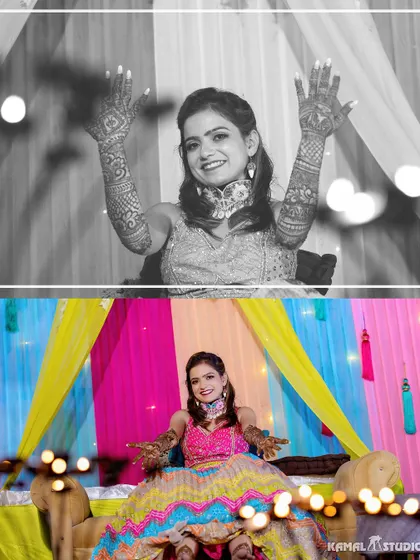 A happy bride showing off her fully decorated mehendi hands.
