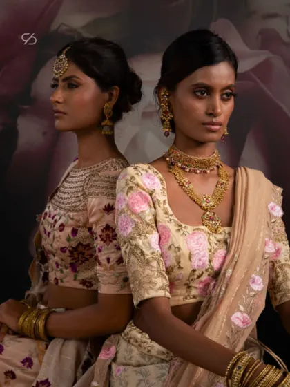 A closer look at the artistry that goes into my bridal lehengas. The juxtaposition of two distinct yet harmonious designs shows how I enchant hearts and command attention through unparalleled elegance.