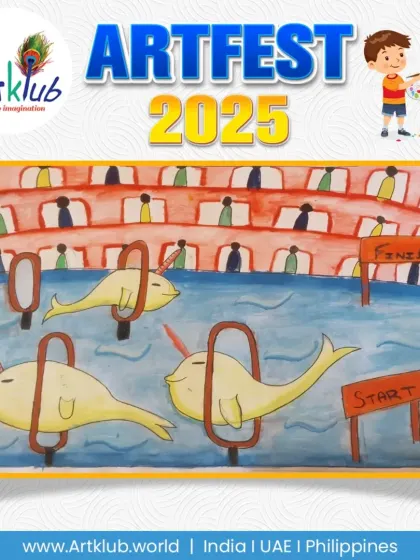A whimsical swimming race for narwhals, showcasing the creative imagination of our senior students.