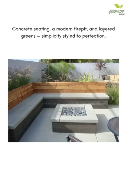 We often use built-in concrete seating for a durable and modern look. Here, it's combined with a matching firepit and softened by a wooden backrest and surrounding ornamental grasses.