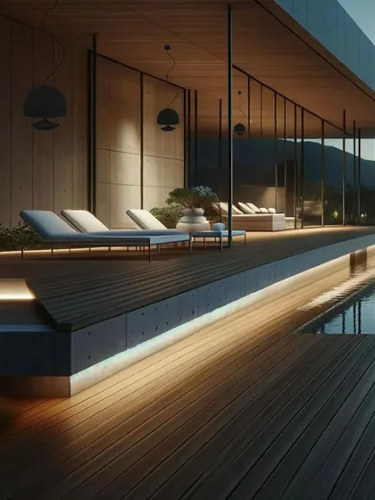 Our audio solutions are not limited to the indoors. Here, Spherina speakers are installed on a covered poolside deck, providing high-quality audio for outdoor entertainment. The integrated lighting also enhances the ambiance of the space in the evening.