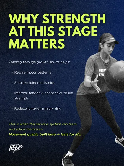 Training through growth spurts is a critical window of opportunity. This infographic details why strength work during this phase is so important for rewiring motor patterns, stabilizing joints, and reducing long-term injury risk. The movement quality built here lasts a lifetime.