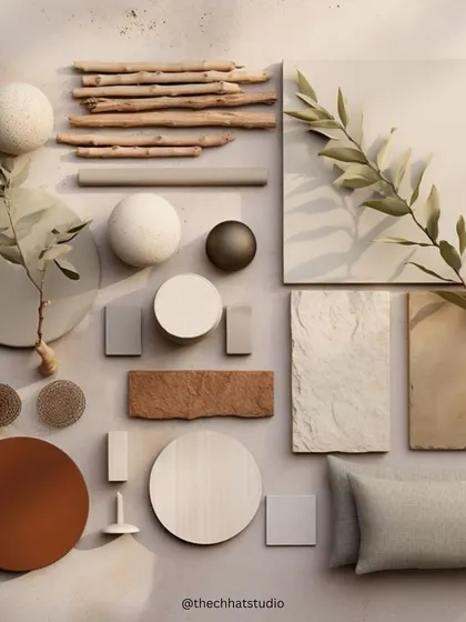 A mood board showcasing a natural and earthy palette. I love combining materials like raw wood, stone, and unglazed ceramics with soft textiles to create interiors that feel calm, organic, and deeply connected to nature.