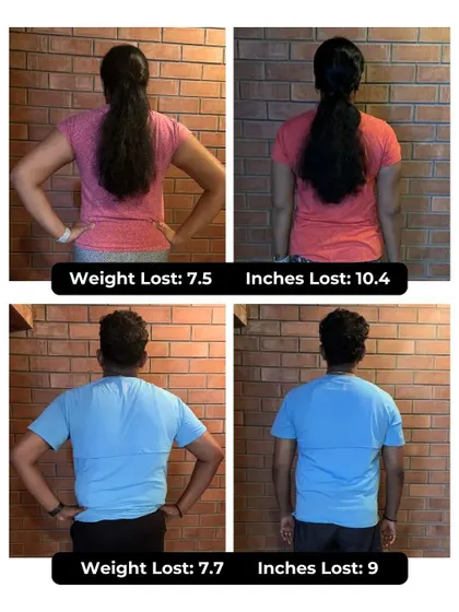 This power couple proves that transformations are better together. Damini lost 7.5 kgs by focusing on balanced meals and weight training, while Rakesh lost 7.7 kgs through calorie tracking and consistent exercise. They committed to a full year with us before even finishing their initial challenge.