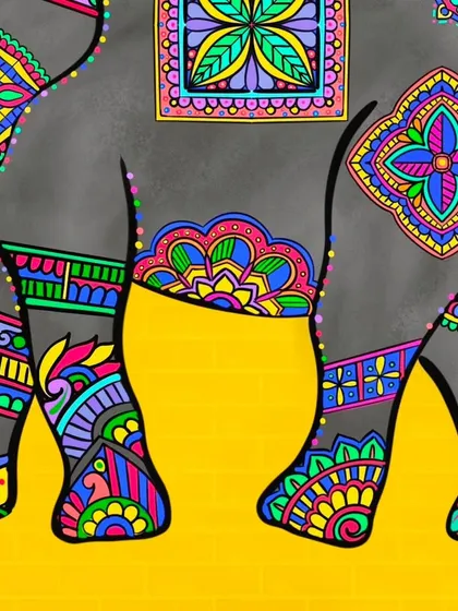 A detailed view of the patterns on the elephant's legs and mid-body, inspired by traditional Indian textiles.