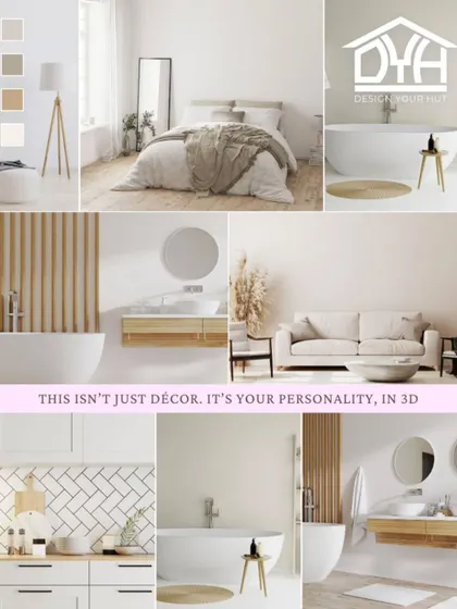 This is your personality, in 3D. This mood board captures the essence of my design style: calm, grounded, and effortlessly beautiful. I use timeless neutrals, natural wood textures, and clean lines to design a sanctuary that is a true reflection of your story.