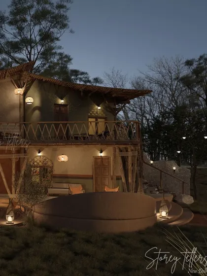 This evening shot captures the magical atmosphere of the resort. The string lights, lanterns, and illuminated interiors create a constellation of warm light against the dark forest, promising a peaceful and cozy retreat.