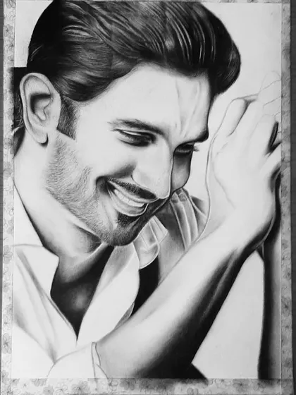 A gallery showing the creation of my tribute to Sushant Singh Rajput. Each image shows a different stage, from the initial sketch to the final emotional portrait.