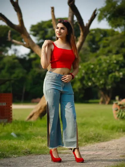 Another full-length shot from the park, showing the outfit from the front.