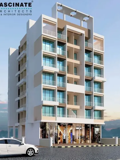The architectural visualization for "Sarang Verbena," a residential building in Pushpak-Vadghar. This design features a contemporary facade with clean lines and recessed balconies, housing 54 flats and 5 shops in a compact and efficient structure.