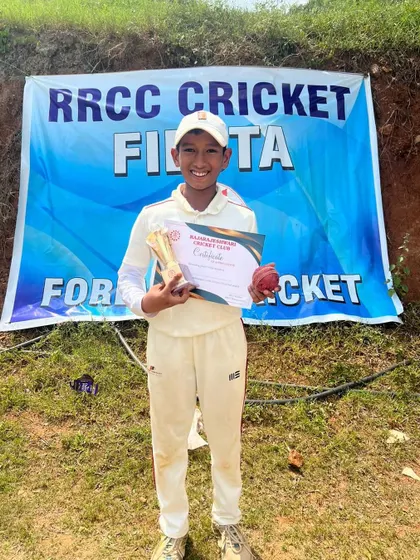 Tejas S Bhat with his Man of the Match award for a fantastic 5-wicket haul in the RRCC U14 cricket tournament.