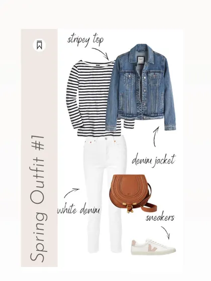 Spring Outfit Idea 9: A striped top, white denim, and a denim jacket is a foolproof combination for a casual spring day. The sneakers and saddle bag make it practical and stylish.