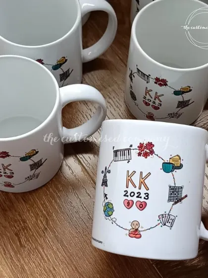 Sip in style with our fully customized monogram mugs. This unique design features a custom logo with meaningful icons surrounding the initials, creating a truly personal keepsake.