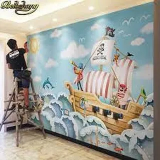 A duplicate of media 109, showing the process of installing a dynamic pirate-themed wall mural. Our expert team handles the entire process, ensuring a perfect, bubble-free finish.