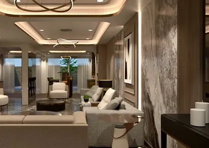This is a photorealistic 3D visualization of a neoclassic villa's living space. It allows the client to see how the coffered ceilings, integrated lighting, and marble accents will come together to create a truly luxurious environment.