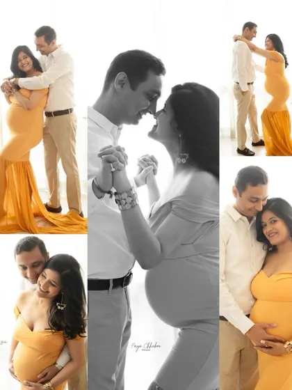 A collage showcasing the joy and variety from a single couple's maternity session. We move through different poses, from playful and laughing to quiet and tender, telling your complete story.