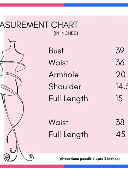 Another example of a measurement chart for one of my floral lehengas. I can make alterations up to 2 inches to ensure the perfect fit.