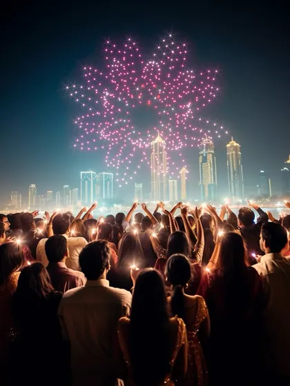 Wishing everyone a Happy Diwali with this festive flower formation. My drone shows are a safe, smokeless, and brilliant way to light up the sky for holidays, creating a shared moment of celebration for the whole crowd.