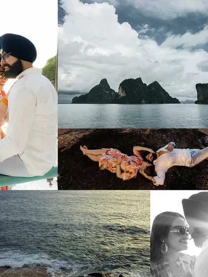 A collage that captures the adventurous spirit of a Thailand pre-wedding shoot, from island hopping to relaxing on the beach.