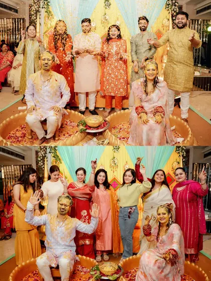 A collage of group photos from a Haldi, capturing the joy of the couple with their families.