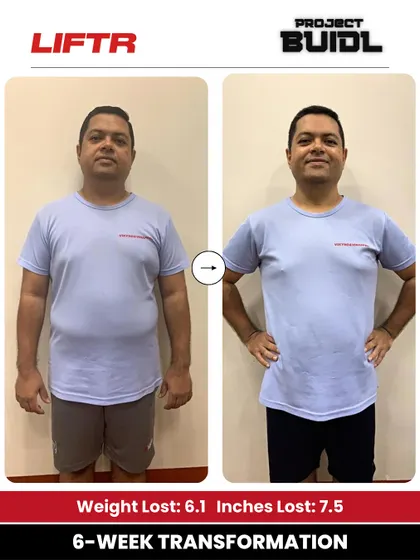 Venura's front-facing before-and-after photo shows a significant 6.1 kg weight loss and 7.5-inch reduction in just six weeks.