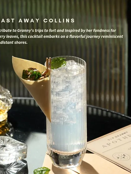 This is the Cast Away Collins, a tribute to my trips to the coast. The curry leaf infusion gives it a flavor reminiscent of distant shores and sea breeze.