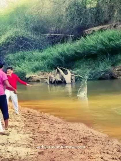 A moment of pure joy during our sustainability camp. Connecting with nature, like skipping stones in a stream, is a powerful way to build a lifelong appreciation for our environment.