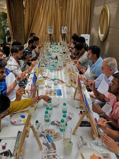 A long-table setup for over 200 guests at the Birkenstock event. We provided DIY painting kits to add a creative touch to their milestone celebration.