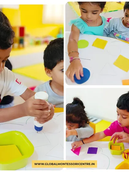 Children use glue and colorful paper shapes to create their own art. This activity reinforces shape recognition while also developing fine motor skills and creativity.