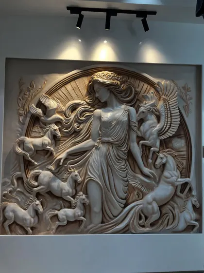 A slightly different angle of the Grecian mural, showing the incredible density of detail packed into the composition.