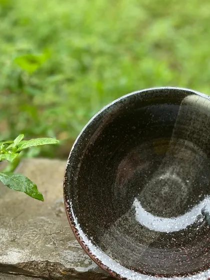 The glossy, dark interior of this over-reduced bowl. It wasn't what we planned, but it's a testament to the unpredictable nature of pottery.