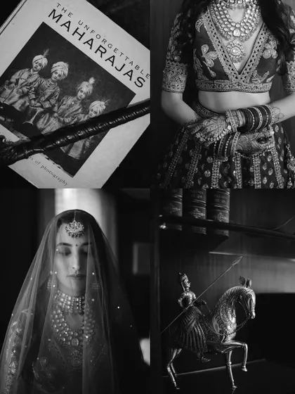 A moody and evocative collage of details, including a book on Maharajas, the bride's lehenga, and traditional artifacts, setting a theme of royalty and heritage.