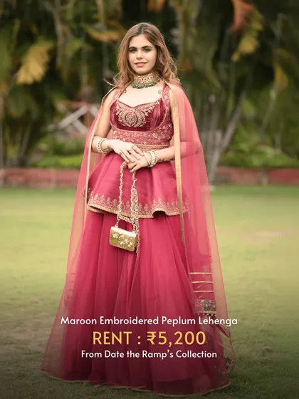 This maroon embroidered peplum lehenga is a modern and stylish choice for Karwa Chauth or any festive party.