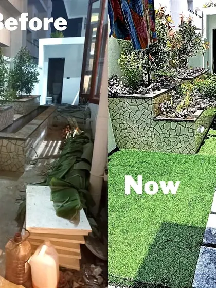 Here I installed artificial grass around existing raised garden beds. The turf provides a clean, mud-free area to walk on while tending to the plants.