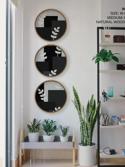 A bold and modern set of three circular prints combining botanical silhouettes with black and white geometric patterns. The high contrast makes for a striking and sophisticated wall feature.