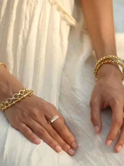 A beautiful shot of both hands adorned with my bangles and rings, showcasing a complete, curated look.