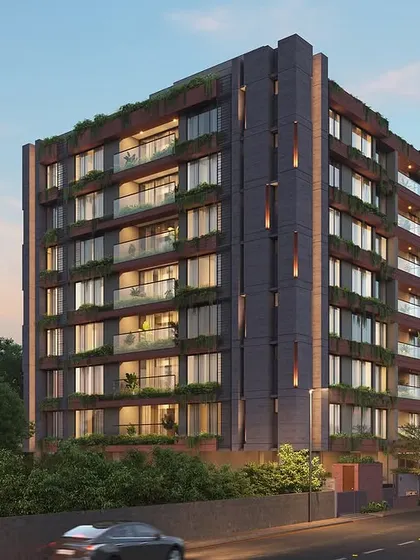**Sanctum Apartments, Ahmedabad:** An evening render of the 7-storey building. The facade is a symphony of broken-down volumes, interspersed with green balconies and metal grills, creating a dynamic and modern residential block.