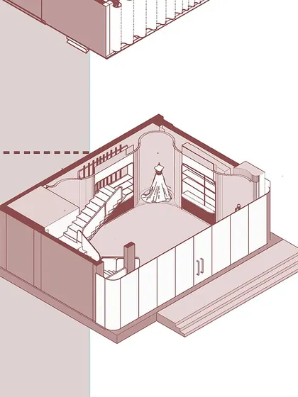 A drawing of the first floor of the Nalli store, dedicated to wedding silks. The layout includes a hybrid central unit for impulse buys and a more traditional setup of wall-to-wall shelves.