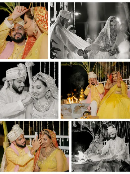 A collage of key Hindu wedding rituals, including the pheras around the sacred fire and the sindoor application, captured in both colour and black and white.