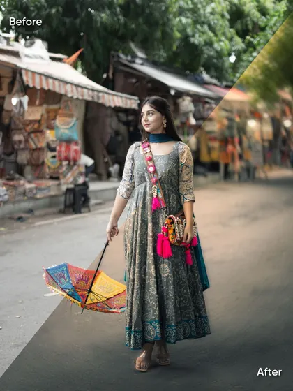 A before-and-after of a portrait taken in Janpath. My editing process involves balancing the light, enhancing the colors, and using Photoshop to remove distractions, ensuring the focus remains entirely on the subject.