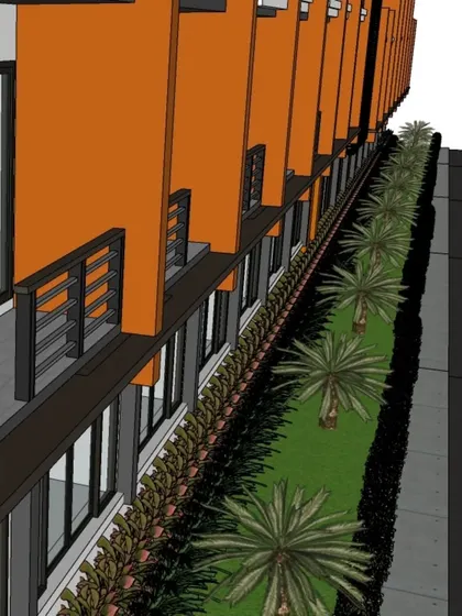A 3D mockup for a commercial building's landscape. This design features a row of palm trees and shrubs along the roadside, creating a green buffer and enhancing the building's curb appeal.