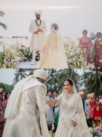 The moment the groom takes his bride's hand at the altar. A simple, powerful gesture of union at their beautiful beachside ceremony in Goa.