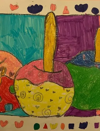 This student added their own creative flair to the candy apple project with a patterned border and unique designs. We always encourage adding personal touches to make the art their own.