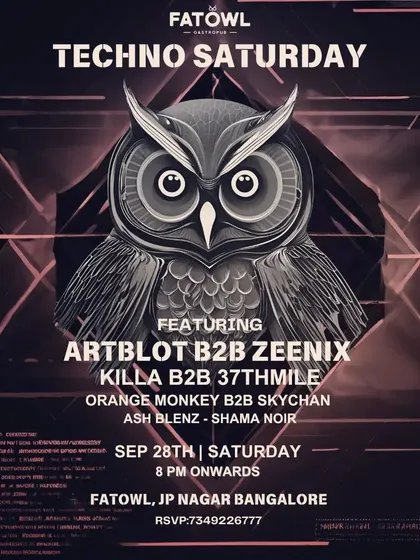 A "Techno Saturday" event at Fatowl, where I went B2B with Zeenix. We pushed the boundaries with a hard-hitting, late-night techno set.