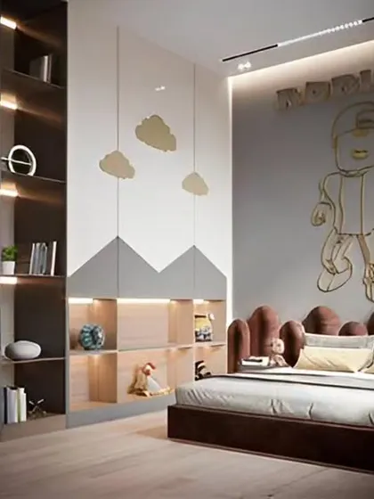 A modern and cool kids' room with a Roblox-themed wall feature. The design uses a sophisticated color palette and includes unique cloud-shaped pendant lights and built-in shelving.
