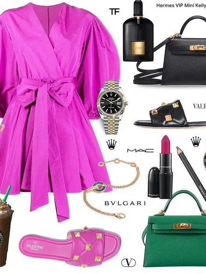 For clients who love a bold, high-fashion look, I create mood boards like this. It shows how to style a statement piece like this vibrant pink dress with luxury accessories for a show-stopping result.