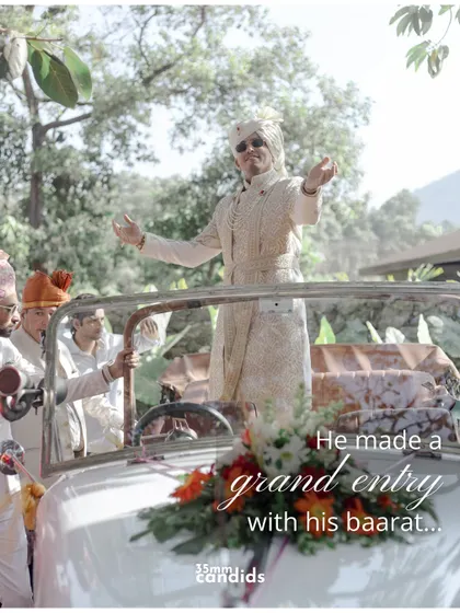 A grand baraat entry, with the groom looking joyful in his vintage car, juxtaposed with the bride's graceful walk down the aisle.